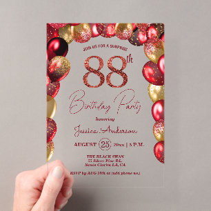 Surprise 88th Birthday Party Gold Burgundy Glitter Acrylic Invitations