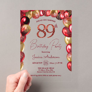 Surprise 89th Birthday Party Gold Burgundy Glitter Acrylic Invitations