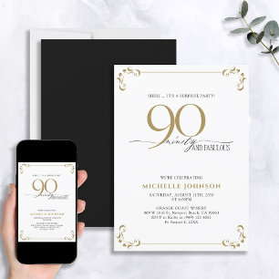 Surprise 90 & Fabulous Black & Gold Birthday Invit Invitation