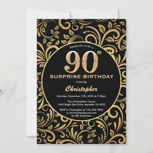 Surprise 90th Birthday Black and Gold Floral Invitation (Front)