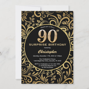 Surprise 90th Birthday Black and Gold Floral Invitation