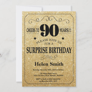 Surprise 90th Birthday Black and Gold Glitter Invitation