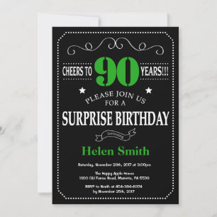Surprise 90th Birthday Black and Green Chalkboard Invitation