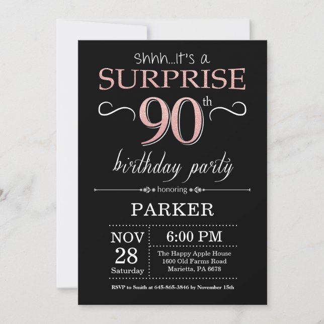 Surprise 90th Birthday Black and Rose Pink Gold Invitation (Front)