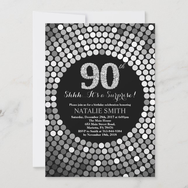 Surprise 90th Birthday Black and Silver Glitter Invitation (Front)