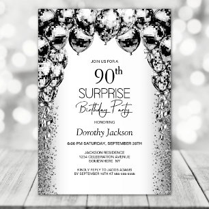 Surprise 90th Birthday Black and White Balloons Invitation