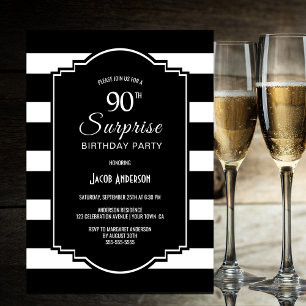 Surprise 90th Birthday Black and White Striped Invitation