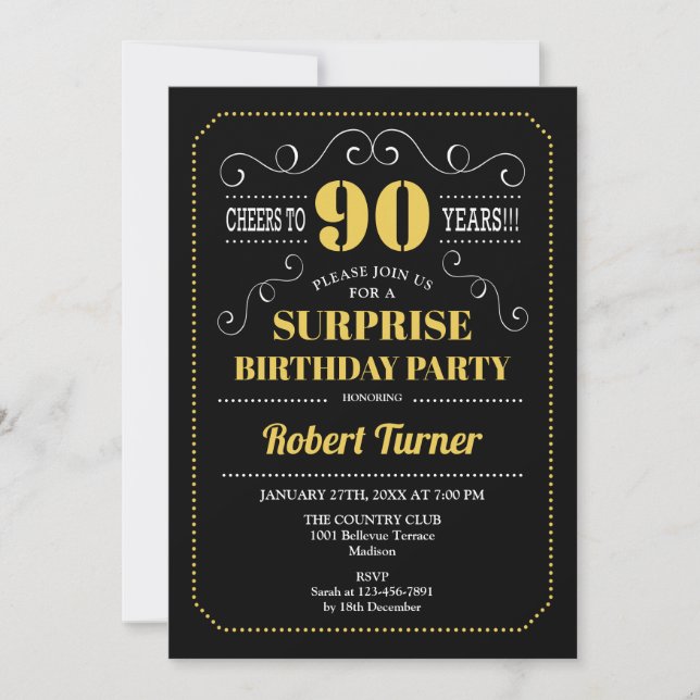 Surprise 90th Birthday - Black Gold Invitation (Front)