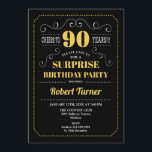 Surprise 90th Birthday - Black Gold Invitation<br><div class="desc">Surprise 90th Birthday Invitation.
Elegant retro chalkboard black,  yellow gold and white design. Cheers to 90 years! can be customized to show any age.</div>