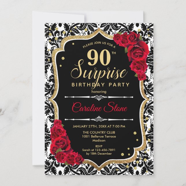 Surprise 90th Birthday - Black Gold Red Invitation (Front)