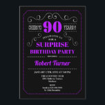 Surprise 90th Birthday - Black Purple Invitation<br><div class="desc">Surprise 90th Birthday Invitation.
Elegant retro chalkboard black,  purple and white design. Cheers to 90 years! can be customised to show any age.</div>