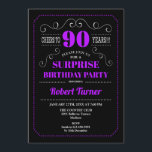 Surprise 90th Birthday - Black Purple Invitation<br><div class="desc">Surprise 90th Birthday Invitation.
Elegant retro chalkboard black,  purple and white design. Cheers to 90 years! can be customised to show any age.</div>