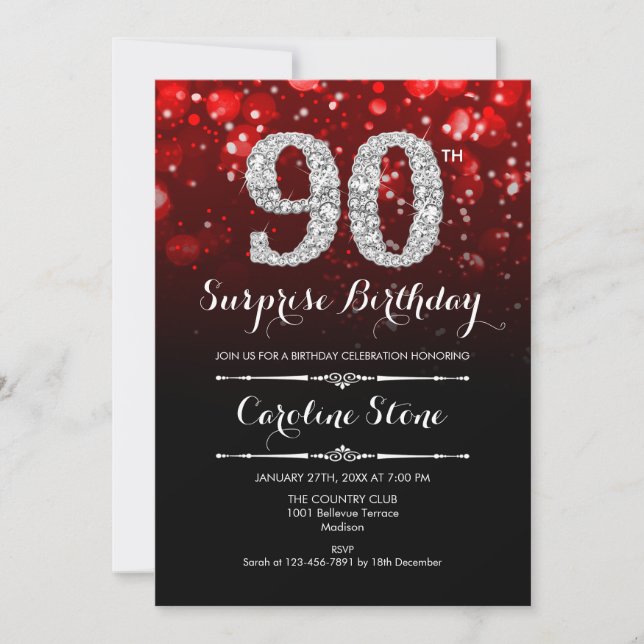 Surprise 90th Birthday - Black Red Silver Invitation (Front)