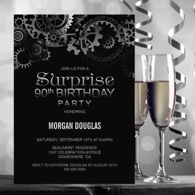 Surprise 90th Birthday Black Silver Steampunk Invitation (Creator Uploaded)