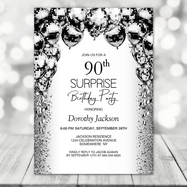 Surprise 90th Birthday Black White Balloons Party Invitation (Creator Uploaded)