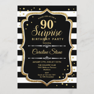 Surprise 90th Birthday - Black White Gold Invitation