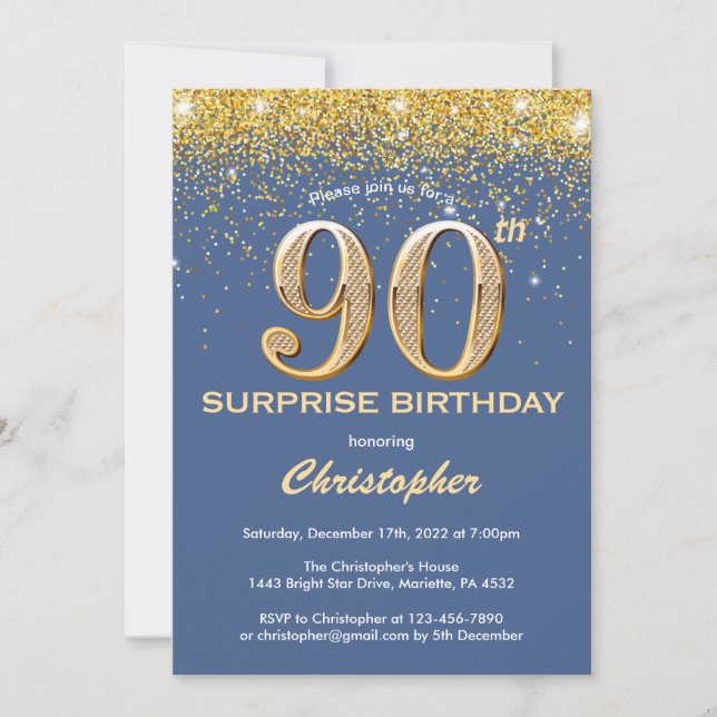 Surprise 90th Birthday Blue and Gold Glitter Invitation (Front)