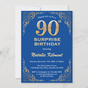 Surprise 90th Birthday Blue and Gold Glitter Invitation