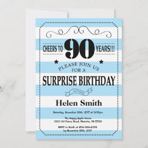 Surprise 90th Birthday Blue and White Stripes Invitation