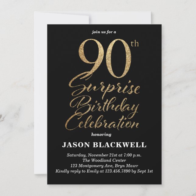 Surprise 90th Birthday Celebration Black & Gold Invitation (Front)