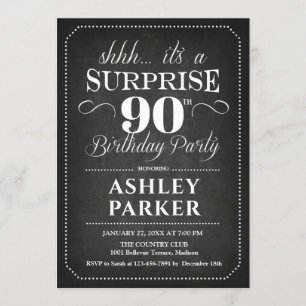 Surprise 90th Birthday - Chalkboard Black White Invitation