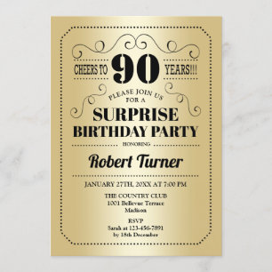 Surprise 90th Birthday - Gold Black Invitation