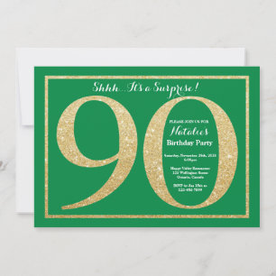 Surprise 90th Birthday Green and Gold Glitter Invitation