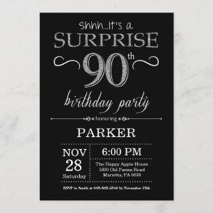 Surprise 90th Birthday Invitation Black and Silver