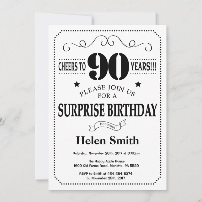Surprise 90th Birthday Invitation Black and White (Front)