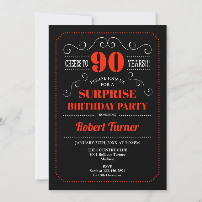 Surprise 90th Birthday Invitation - Black Red (Front)