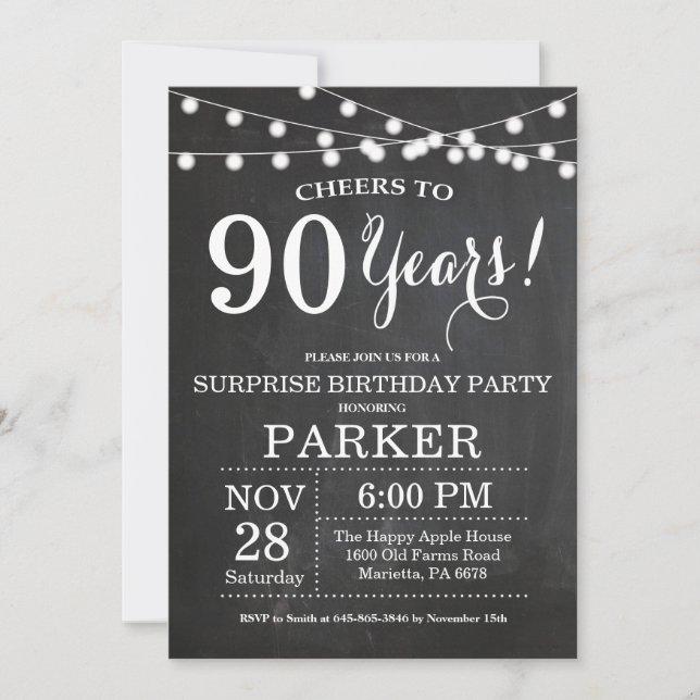 Surprise 90th Birthday Invitation Chalkboard (Front)