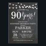 Surprise 90th Birthday Invitation Chalkboard<br><div class="desc">Surprise 90th Birthday Invitation Chalkboard Background with String Lights. Black and White. 13th 15th 16th 18th 20th 21st 30th 40th 50th 60th 70th 80th 90th 100th, Any age. Adult Birthday. Woman or Man Male Birthday Party. For further customisation, please click the "Customise it" button and use our design tool to...</div>