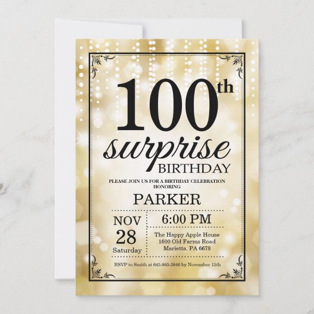 Surprise 90th Birthday Invitation Gold Glitter (Front)