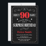 Surprise 90th Birthday Invitation Red and Black<br><div class="desc">Surprise 90th Birthday Invitation Red and Black Typography. Chalkboard. Black and White Background. Adult Birthday. Male Men or Women Birthday. Kids Boy or Girl Lady Teen Teenage Bday Invite. 13th 15th 16th 18th 20th 21st 30th 40th 50th 60th 70th 80th 90th 100th. Any Age. For further customisation, please click the...</div>