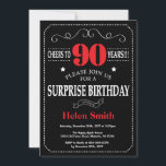 Surprise 90th Birthday Invitation Red and Black<br><div class="desc">Surprise 90th Birthday Invitation Red and Black Typography. Chalkboard. Black and White Background. Adult Birthday. Male Men or Women Birthday. Kids Boy or Girl Lady Teen Teenage Bday Invite. 13th 15th 16th 18th 20th 21st 30th 40th 50th 60th 70th 80th 90th 100th. Any Age. For further customisation, please click the...</div>
