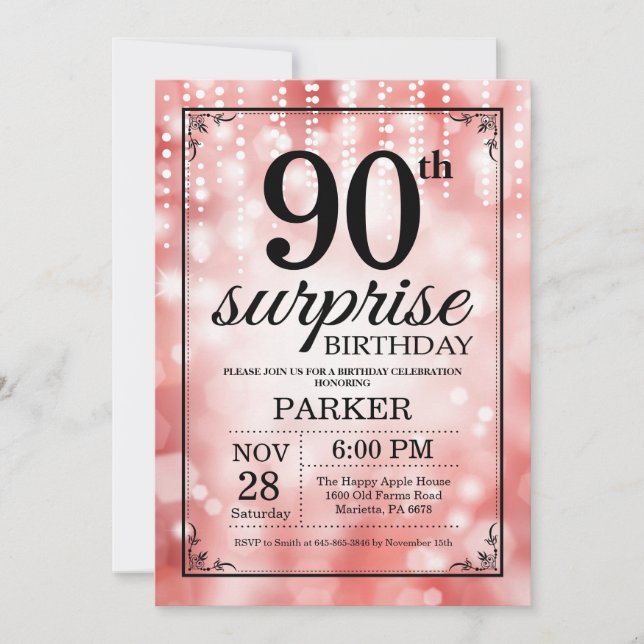 Surprise 90th Birthday Invitation Red Glitter (Front)