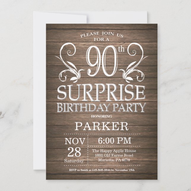 Surprise 90th Birthday Invitation Rustic Wood (Front)