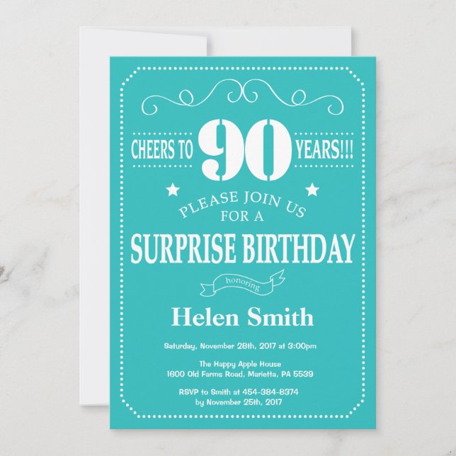 Surprise 90th Birthday Invitation Teal and White (Front)