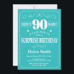 Surprise 90th Birthday Invitation Teal and White<br><div class="desc">Surprise 90th Birthday Invitation Teal and White Typography. Teal Background. Adult Birthday. Male Men or Women Birthday. Kids Boy or Girl Lady Teen Teenage Bday Invite. 13th 15th 16th 18th 20th 21st 30th 40th 50th 60th 70th 80th 90th 100th. Any Age. For further customisation, please click the "Customise it" button...</div>
