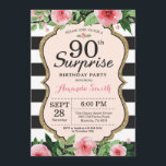 Surprise 90th Birthday Invitation Women Floral<br><div class="desc">Surprise 90th Birthday Invitation for women. Black and Gold Birthday Party Invite. Gold Glitter. Pink Watercolor Floral Flower. Black and White Stripes. Printable Digital. For further customisation,  please click the "Customise it" button and use our design tool to modify this template.</div>
