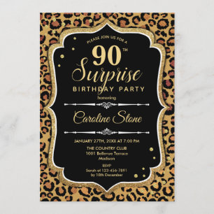 Surprise 90th Birthday - Leopard Black Gold Invitation