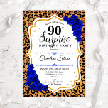 Surprise 90th Birthday - Leopard Gold Royal Blue Invitation<br><div class="desc">Surprise 90th Birthday Invitation.
Feminine royal blue,  white design with faux glitter gold. Features animal leopard cheetah pattern,  sapphire blue roses,  script font and confetti. Perfect for an elegant birthday party. Can be personalized to show any age. Message me if you need further customization.</div>