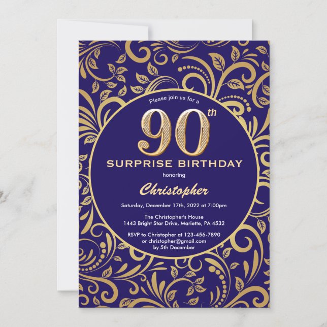 Surprise 90th Birthday Navy Blue and Gold Floral Invitation (Front)