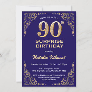 Surprise 90th Birthday Navy Blue and Gold Glitter Invitation