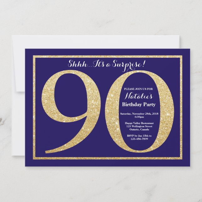 Surprise 90th Birthday Navy Blue and Gold Glitter Invitation (Front)