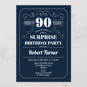 Surprise 90th Birthday - Navy Blue Invitation