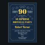 Surprise 90th Birthday - Navy Gold Invitation<br><div class="desc">Surprise 90th Birthday Invitation.
Elegant retro navy blue and yellow gold design. Cheers to 90 years! can be customized to show any age.</div>