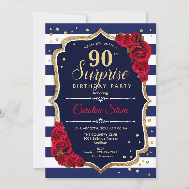 Surprise 90th Birthday - Navy White Red Invitation (Front)