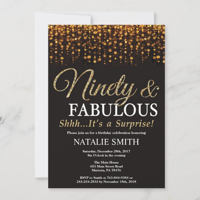 Surprise 90th Birthday Ninety and Fabulous Gold Invitation (Front)