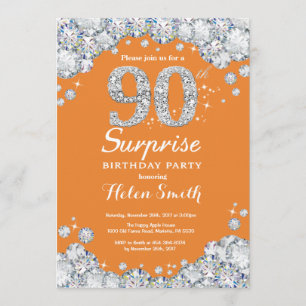 Surprise 90th Birthday Orange and Silver Diamond Invitation